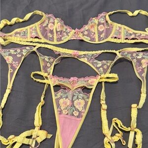 Floral Embroidered Yellow and Pink Bra Set